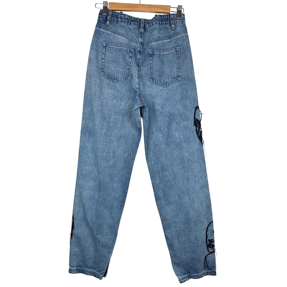 Maniere De Voir Line Art Mom Jeans Blue Embroidered Face Denim Pants Size 6 - Picture 4 of 14